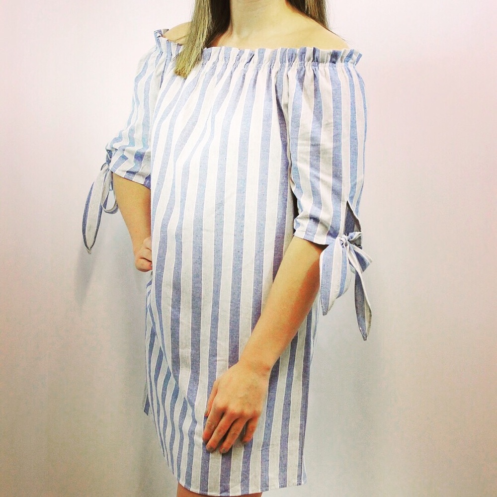 Blue linen blend off the shoulder dress